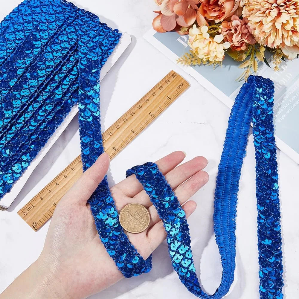 Blue Sequin Trim Roll 3-Row Paillette Ribbon 13m | Craft & Sewing