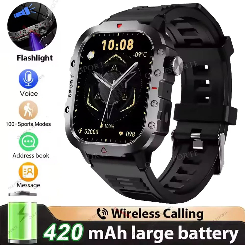 2026 Rugged Military Smart Watch Men's Outdoor LED Flashlight 2 01''