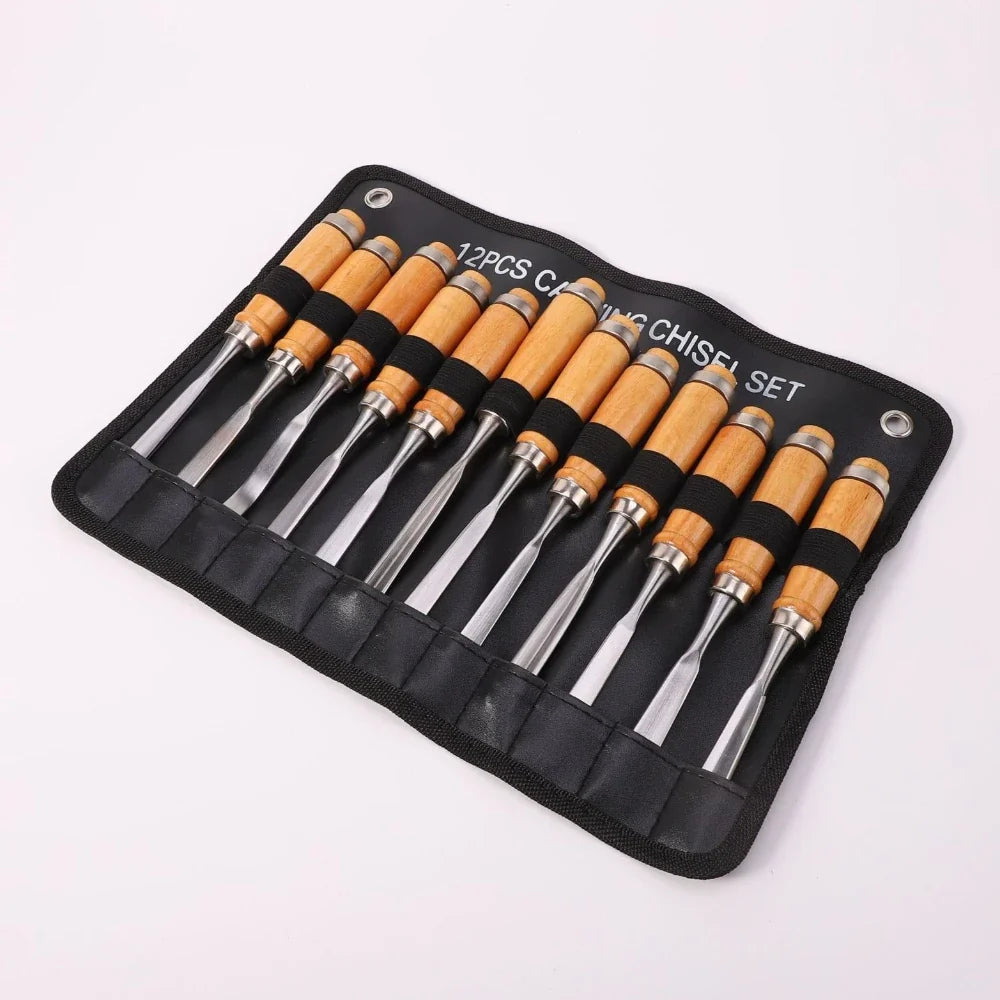 12-Piece Wood Carving Chisel Set – Lathe Gouges & Hand Tools