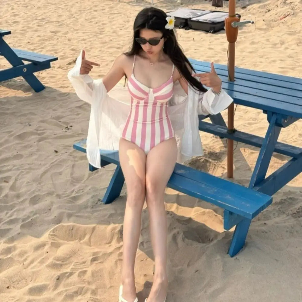 Retro Stripe Women's Swimsuit | Belly Cover-Up Skirt