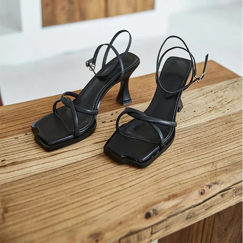Women's Square Toe Block Heel Sandals – 7cm Ankle Strap