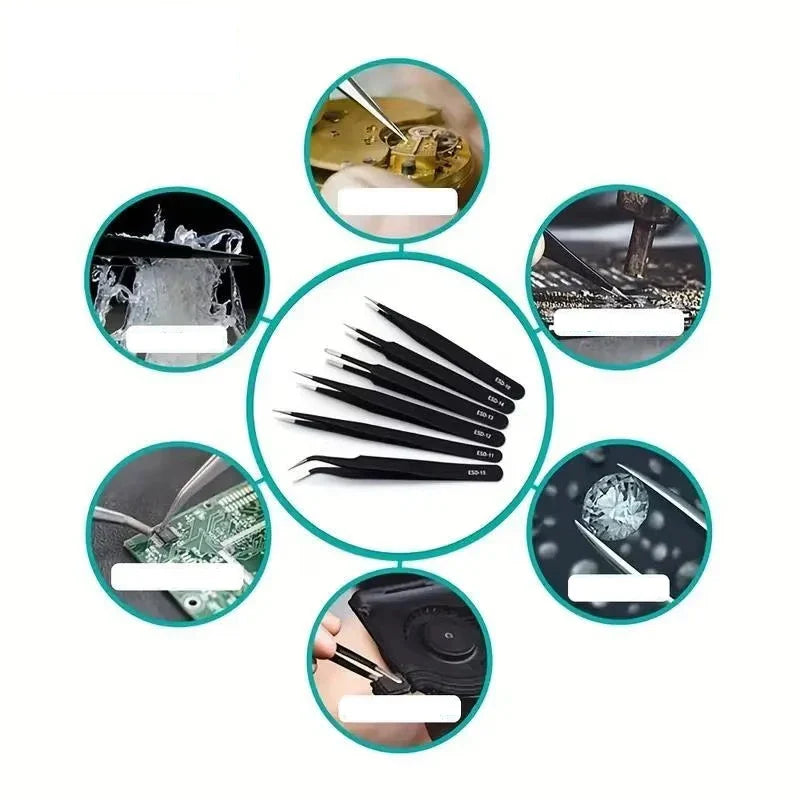 6-Piece ESD Anti-Static Precision Tweezers Set | Stainless Steel