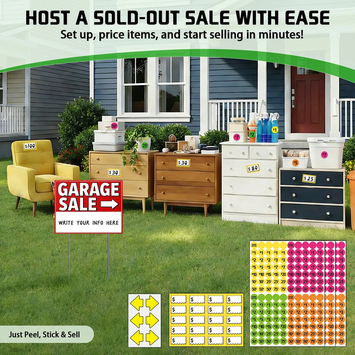 Garage Sale Sign Kit 17x13" | 12 Signs, Stakes & 440 Stickers