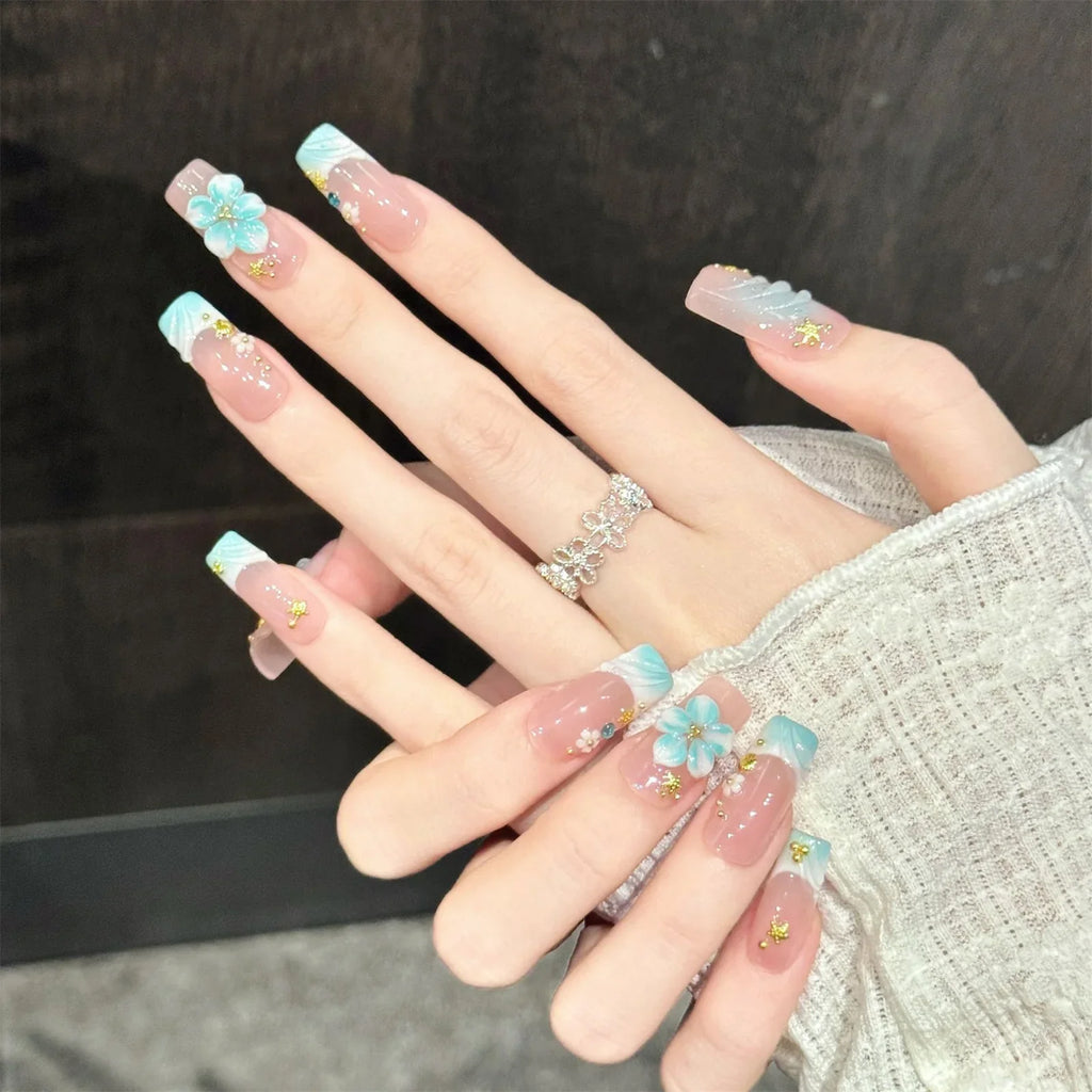 Handmade Press On Nails – Ocean 3D Flower Long Square | 10pcs
