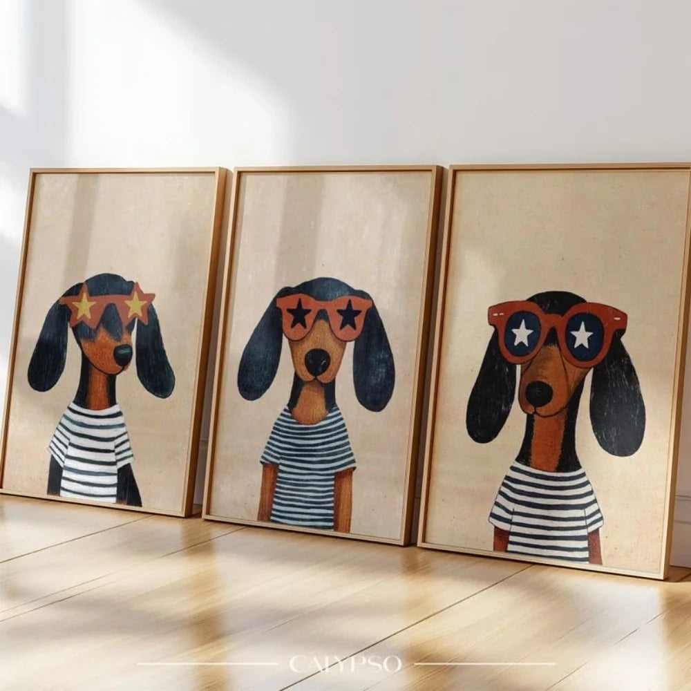 Funny Dachshund Glasses 3-Piece Canvas Wall Art Print Set