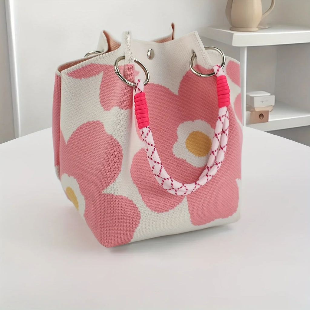 Women's Knit Bucket Handbag – Floral Fabric & Metal Clasp