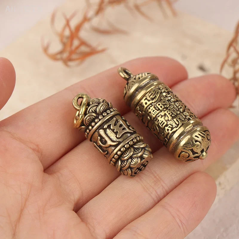 Handmade Hollow Brass Buddha Sutra Cylinder Keychain Pendant