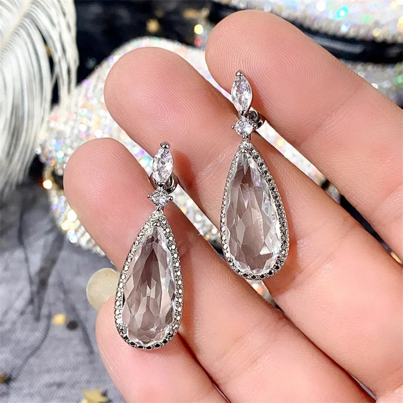 Huitan Purple CZ Teardrop Drop Earrings – Silver Tone Women