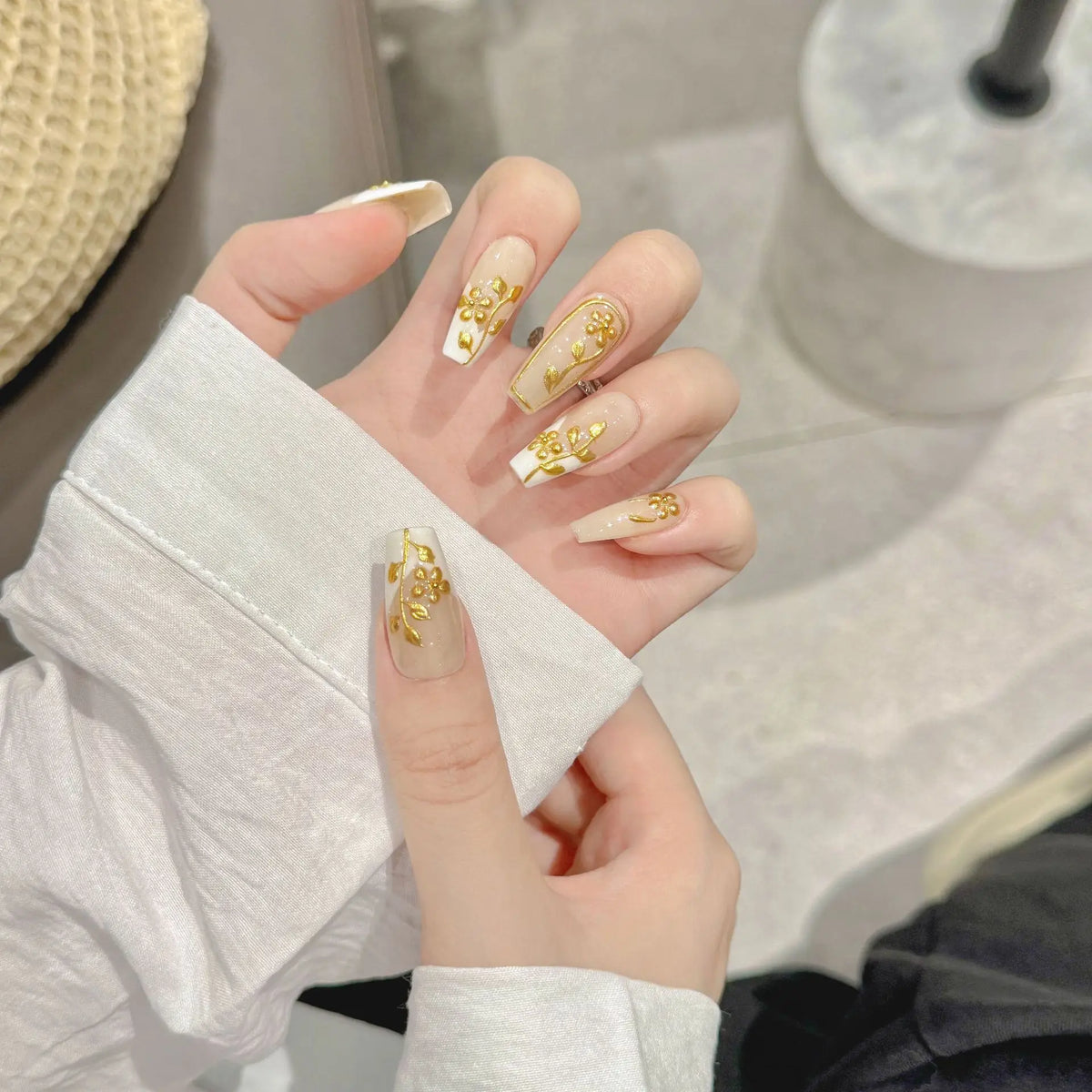 Gold Flower French Press-On Nails | Long Coffin False Nail Set