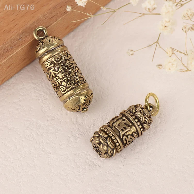 Handmade Hollow Brass Buddha Sutra Cylinder Keychain Pendant
