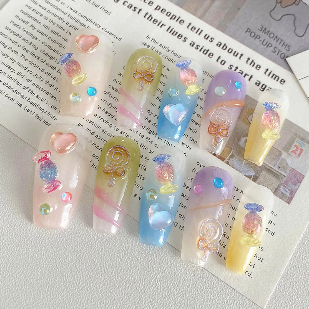 Korean Candy Crystal Press On Nails – Colorful Handmade Set