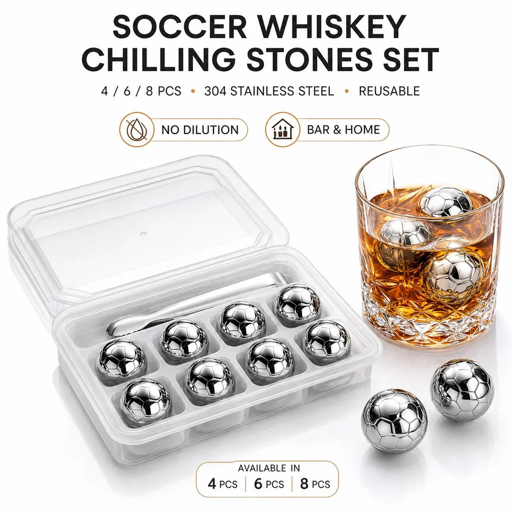 Soccer Ball Whiskey Stones – Steel Chilling Balls with Tongs