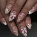 24Pcs Almond Press-On Nails | French Pink Bow Flower Design