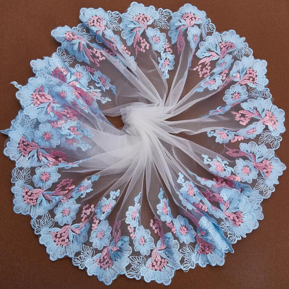 Floral Embroidered Lace Organza Trim – 5 Yards Sky Blue