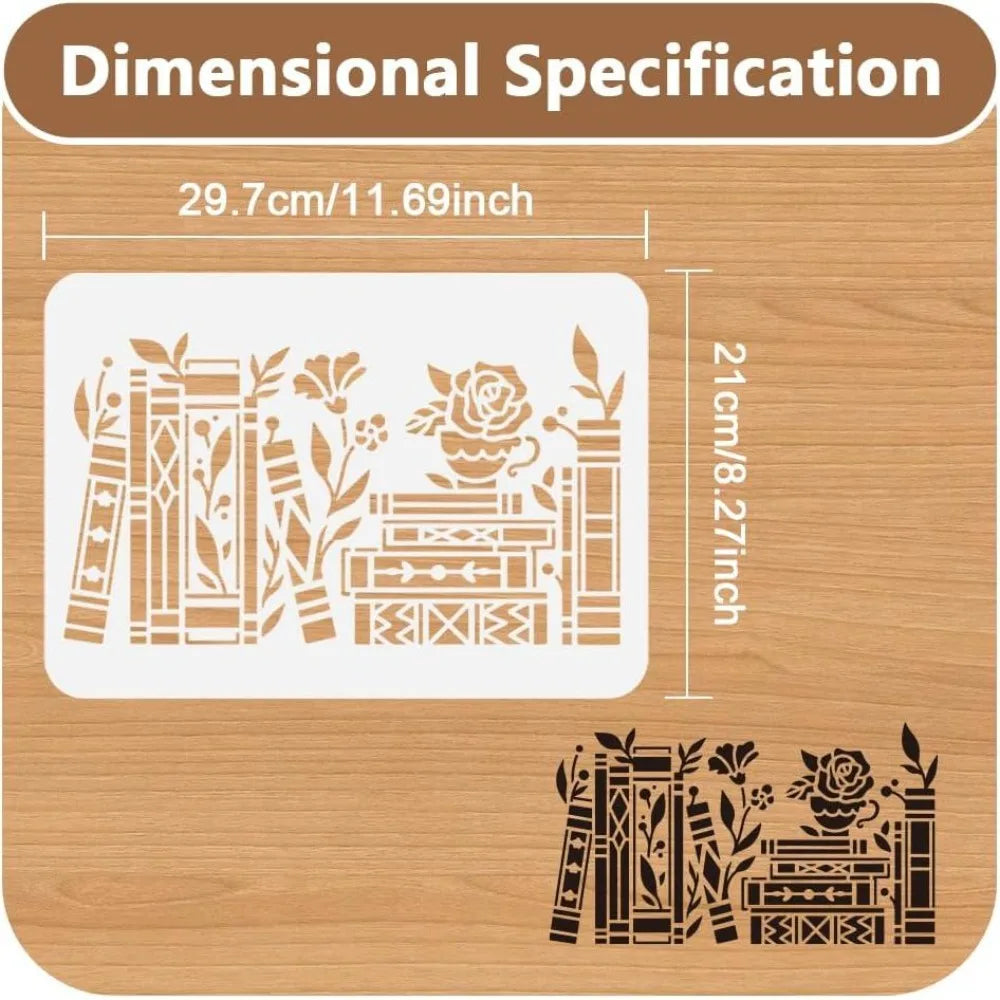 Book & Plants Wall Stencil – Reusable 11.69"x8.27" Template