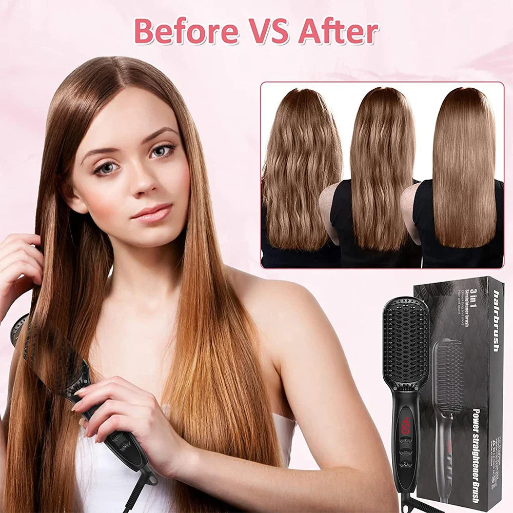 URGGU Ceramic Hair Straightener Brush | 12 Temps, Anti-Scald