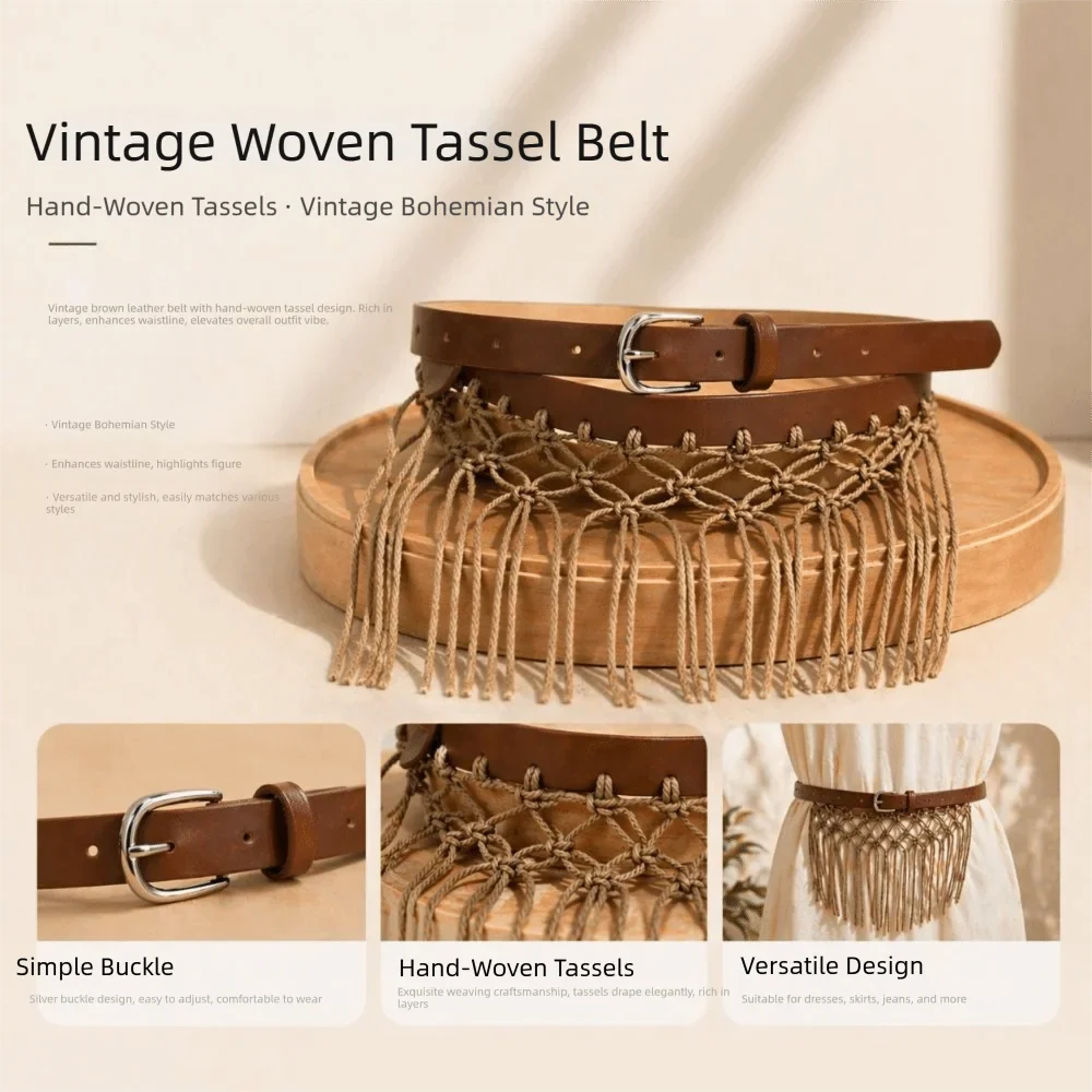 Y2K Tassel Woven Belt – Boho Knit Rope Waistband for Jeans
