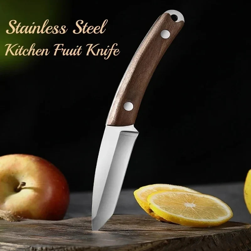 Sharp Stainless Steel Fruit Knife – Solid Wood Handle & Sheath