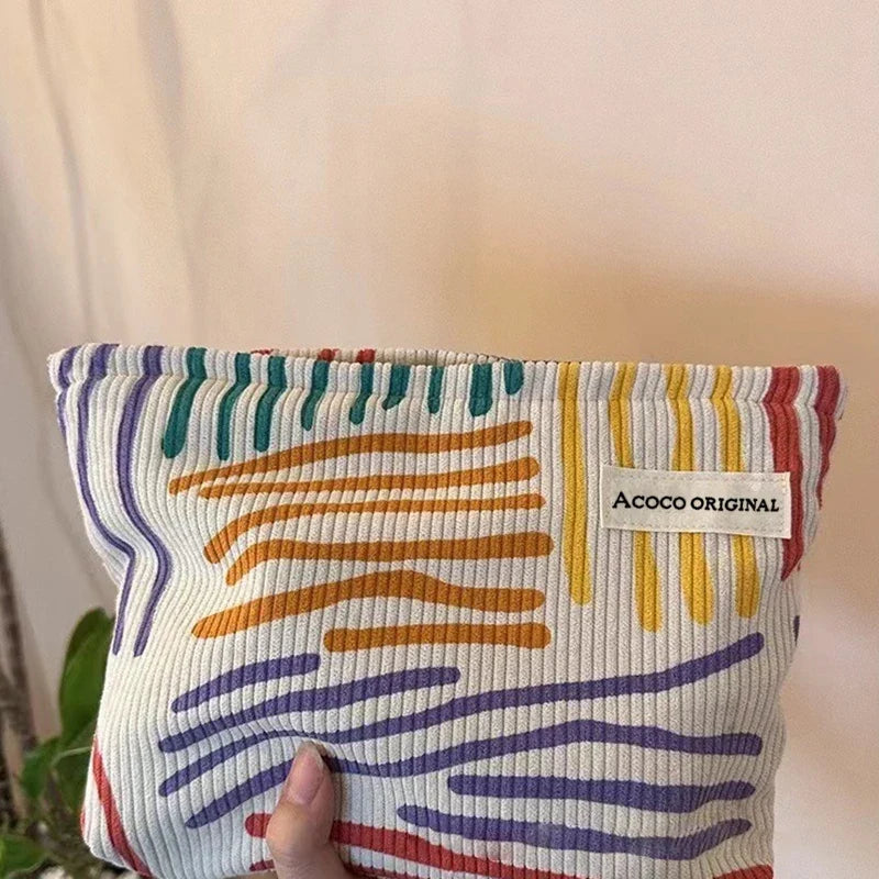 Colorful Stripes Corduroy Cosmetic Bag | Travel Toiletry Bag