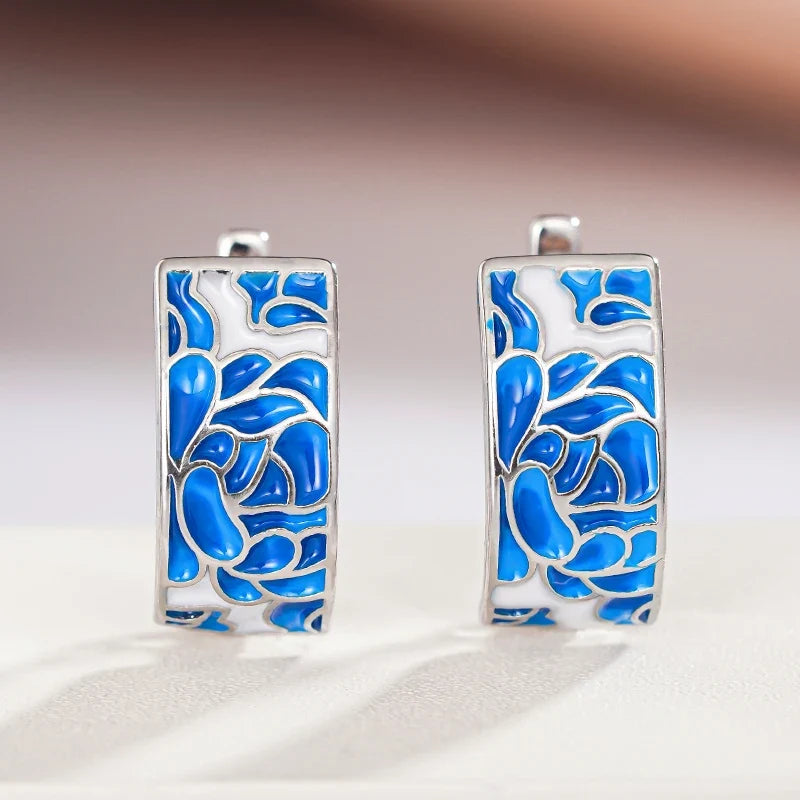 Huitan Blue Flower Hoop Earrings – Women's Silver Jewelry