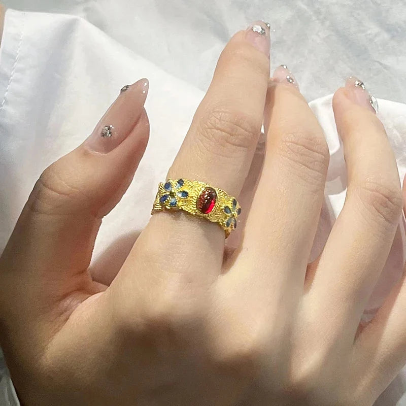 Huitan Gold Blue Flower Ring Red Stone – Women's Fashion Ring