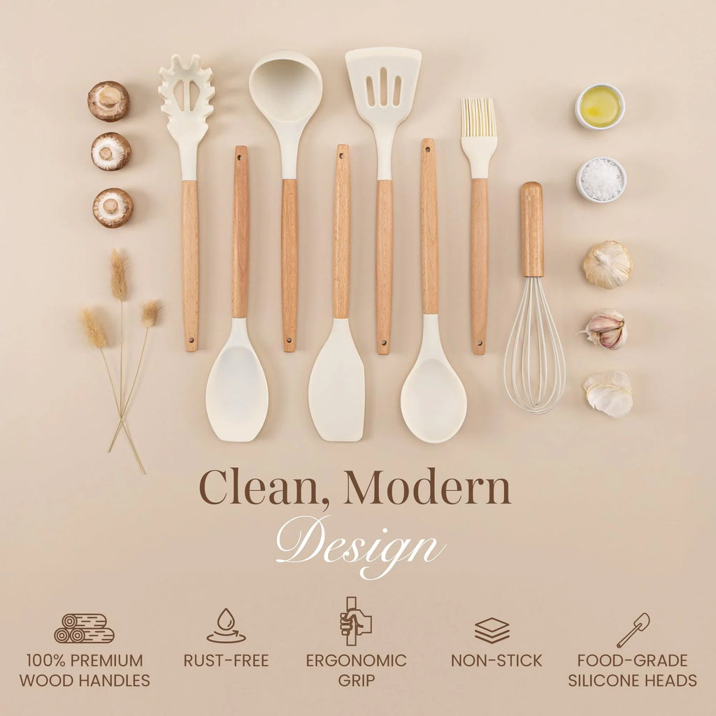 Silicone Kitchen Utensil Set – Wooden Handle Cooking Tools