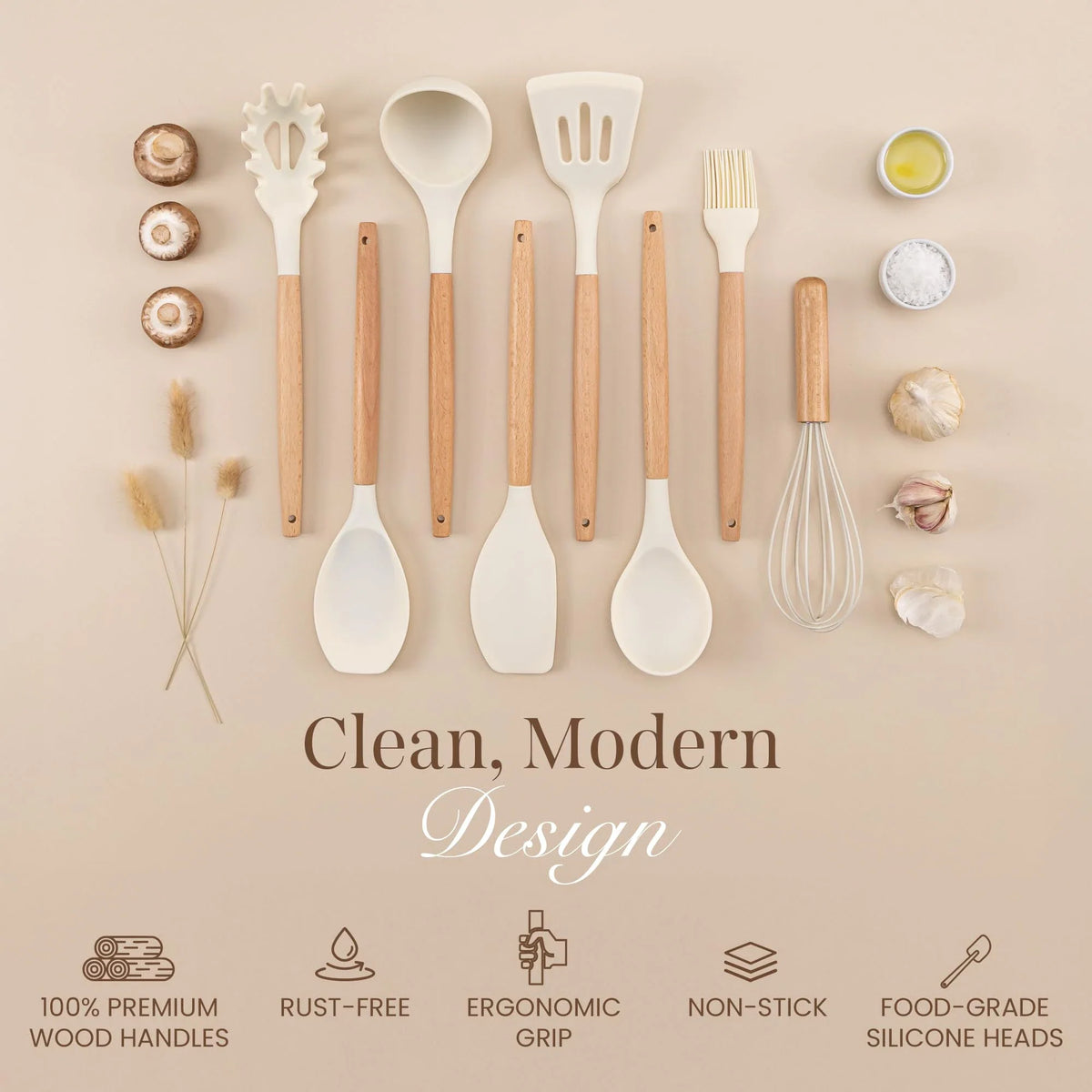 Silicone Kitchen Utensil Set – Wooden Handle Cooking Tools