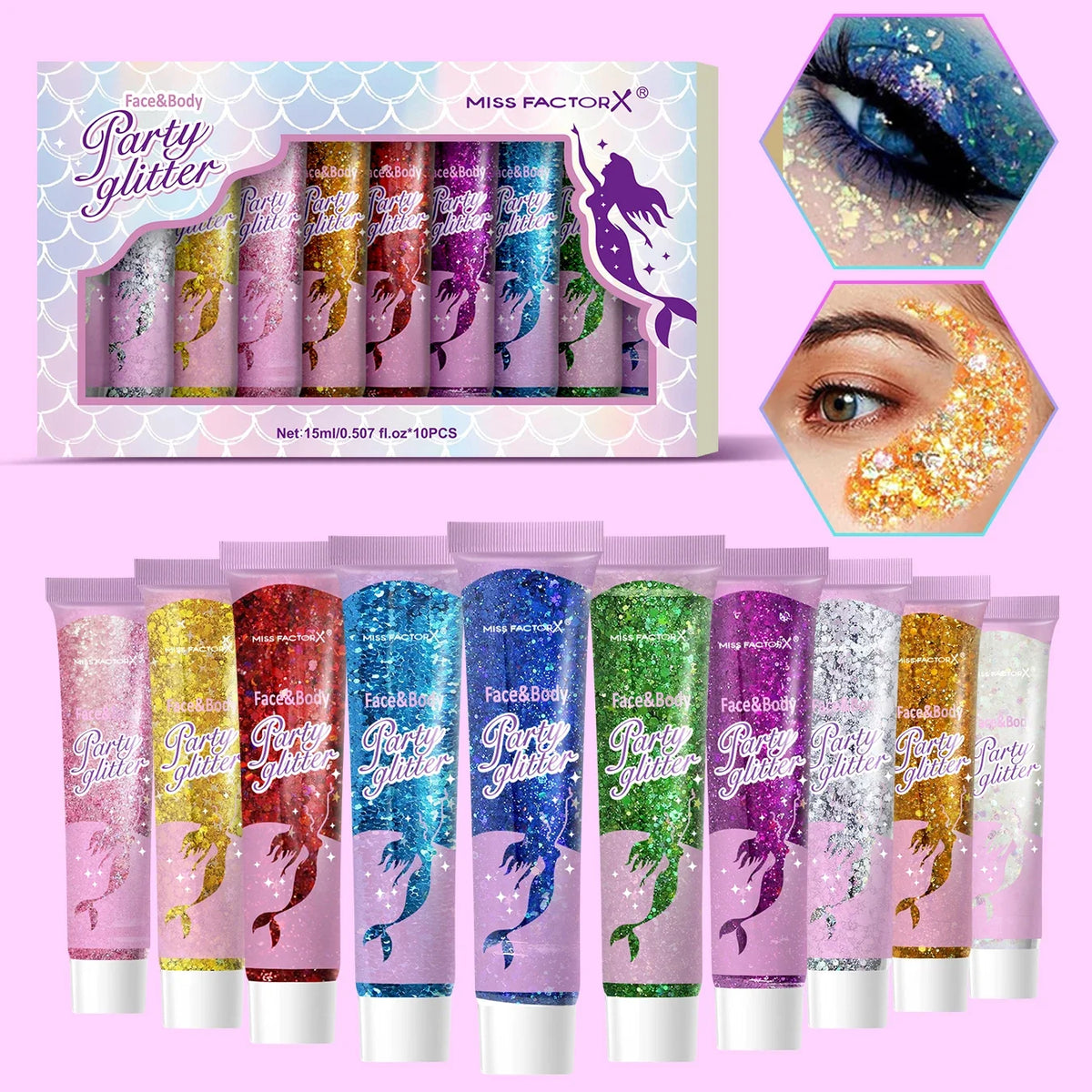 10-Piece Face & Body Glitter Gel Set – Festival Carnival Makeup