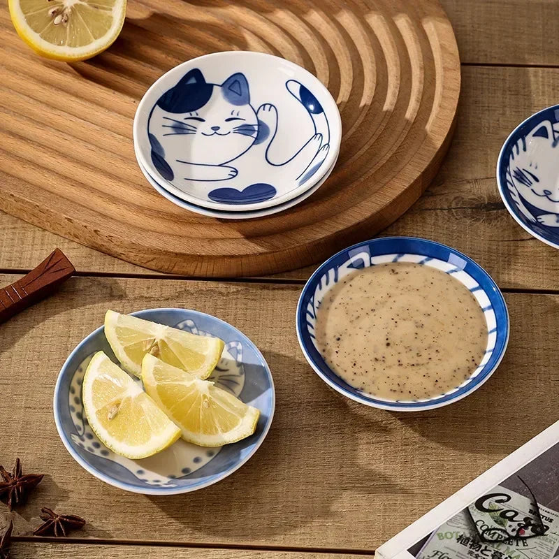 Japanese Cat Ceramic Dipping Dish | Soy Sauce & Seasoning Bowl