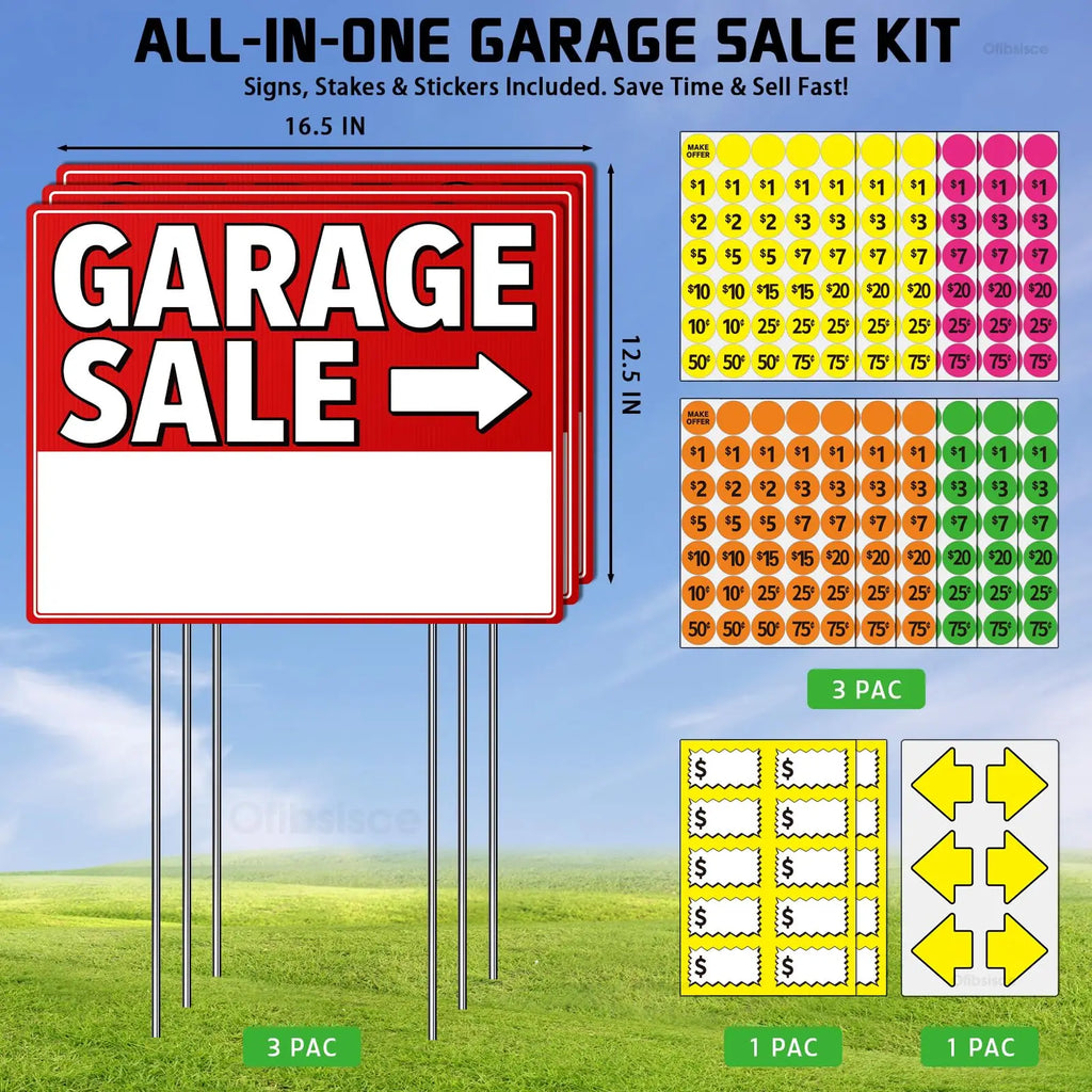 Garage Sale Sign Kit 17x13" | 12 Signs, Stakes & 440 Stickers