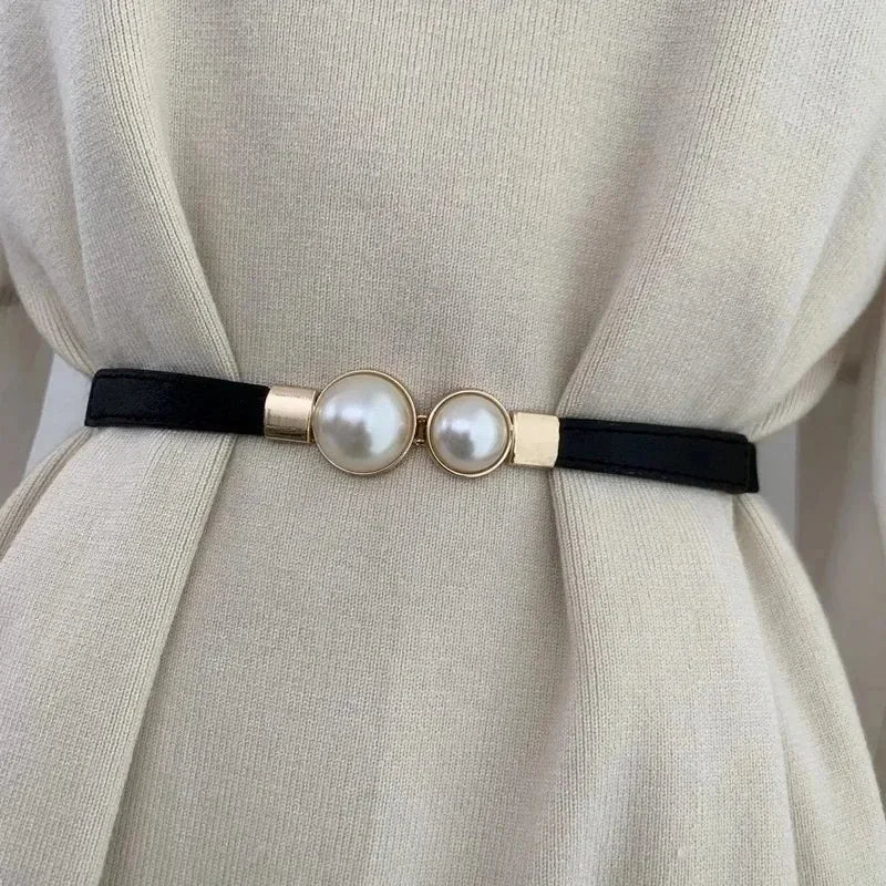 Women's Elastic Pearl Buckle Thin Belt – PU Waist Strap
