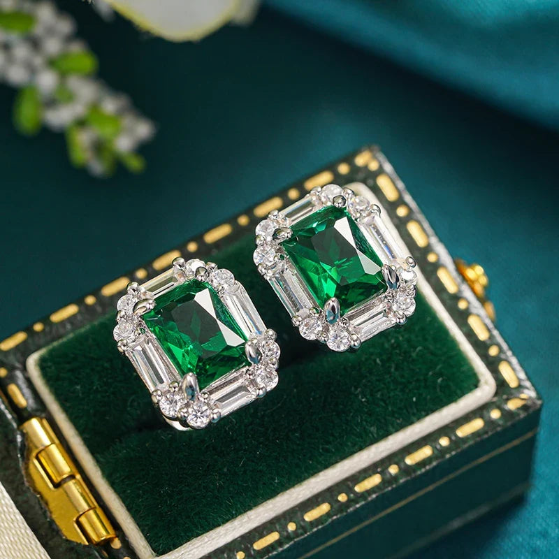 Huitan Green Cubic Zirconia Stud Earrings | Geometric Fashion