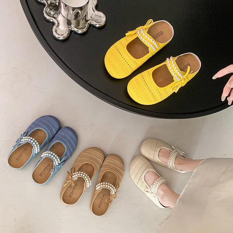 Women's Hollow Knit Bohemian Slippers – Beaded Bow Loafers