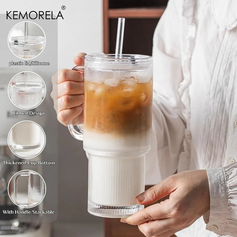 KEMORELA 750ml Glass Tumbler with Handle, Lid & Straw
