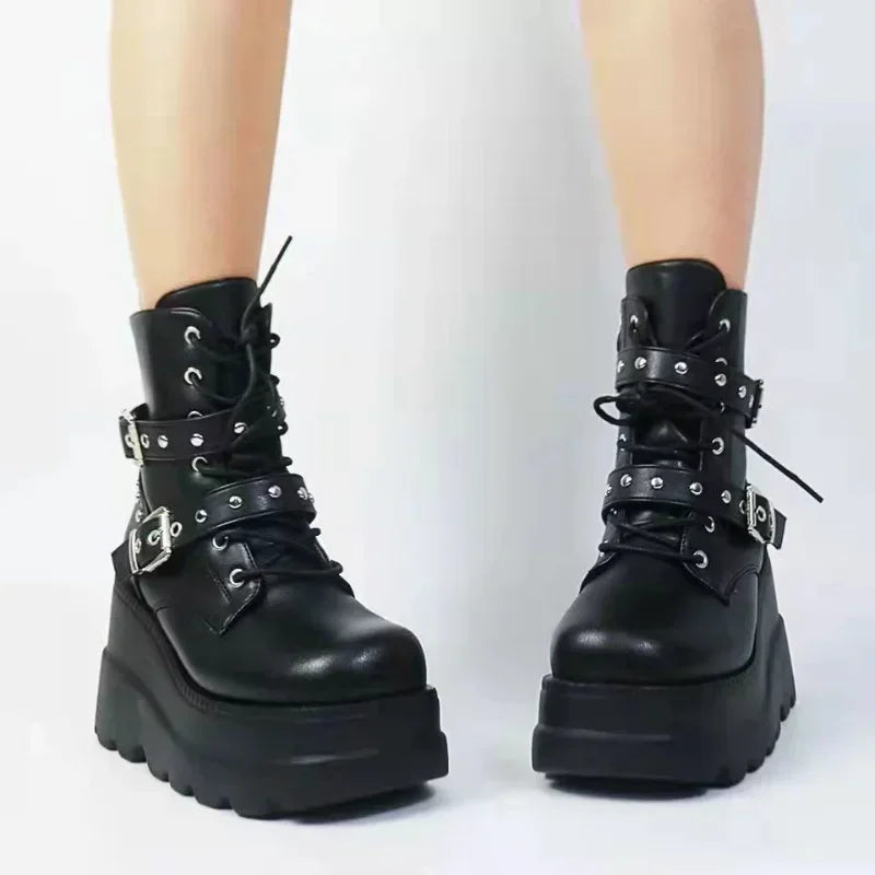Women's PU Leather Platform Ankle Boots – Gothic Lace-Up