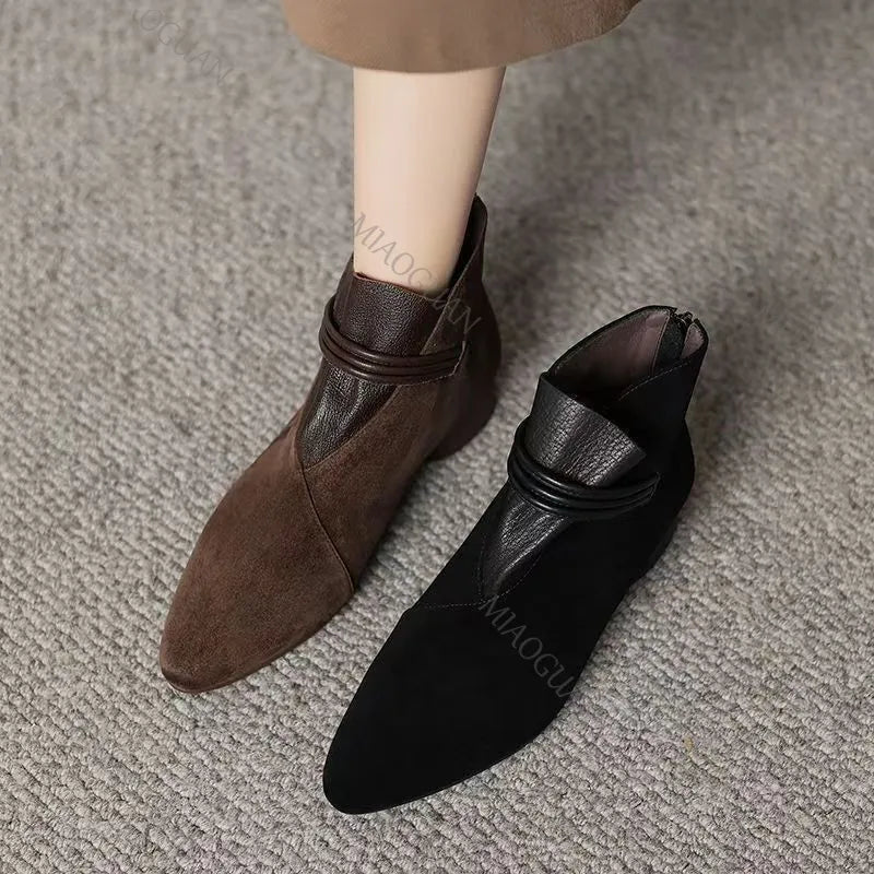 Women's Suede Ankle Boots | Pointed Toe Double Buckle Side Zip
