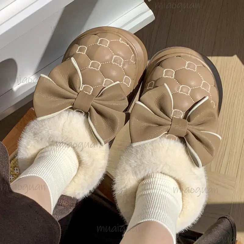 Women's Fluffy Platform Slipper Boots – Bowknot Winter Booties