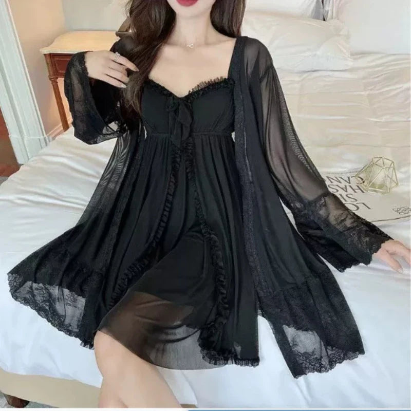 Women's Lace Bow Mesh Nightgown & Robe Set – White Sleepwear