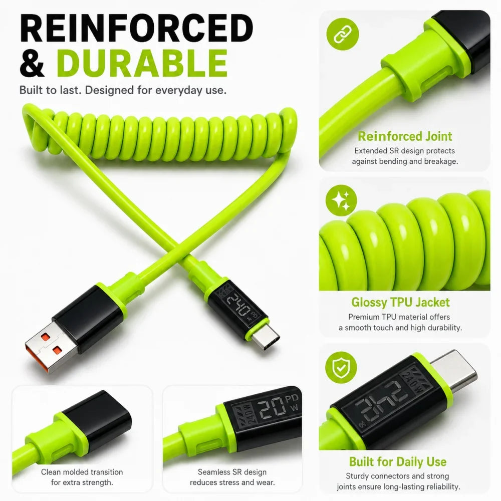 240W USB-C Spring Fast Charging Cable | iPhone & Samsung