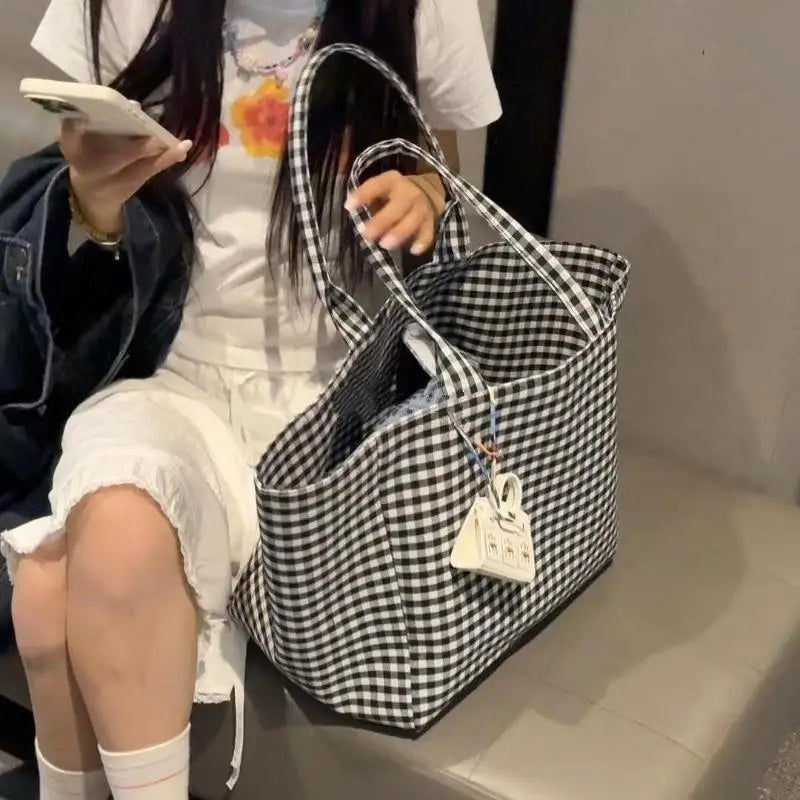 Large Canvas Tote Bag – Striped Plaid Shoulder Bag for Women