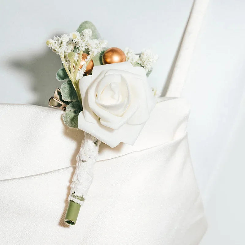 Boutonnieres Flowers Artificial White Roses Silk Ivory Corsage