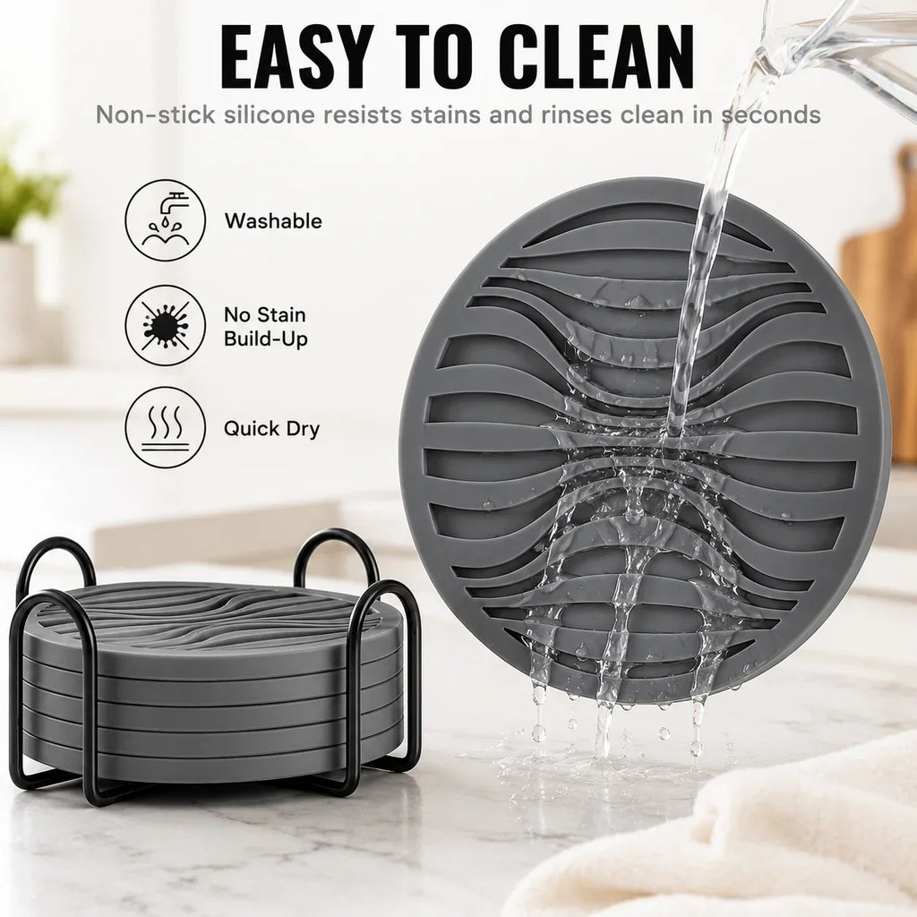 6-Pack Silicone Drink Coasters with Holder | Non-Slip, Heat Resistant
