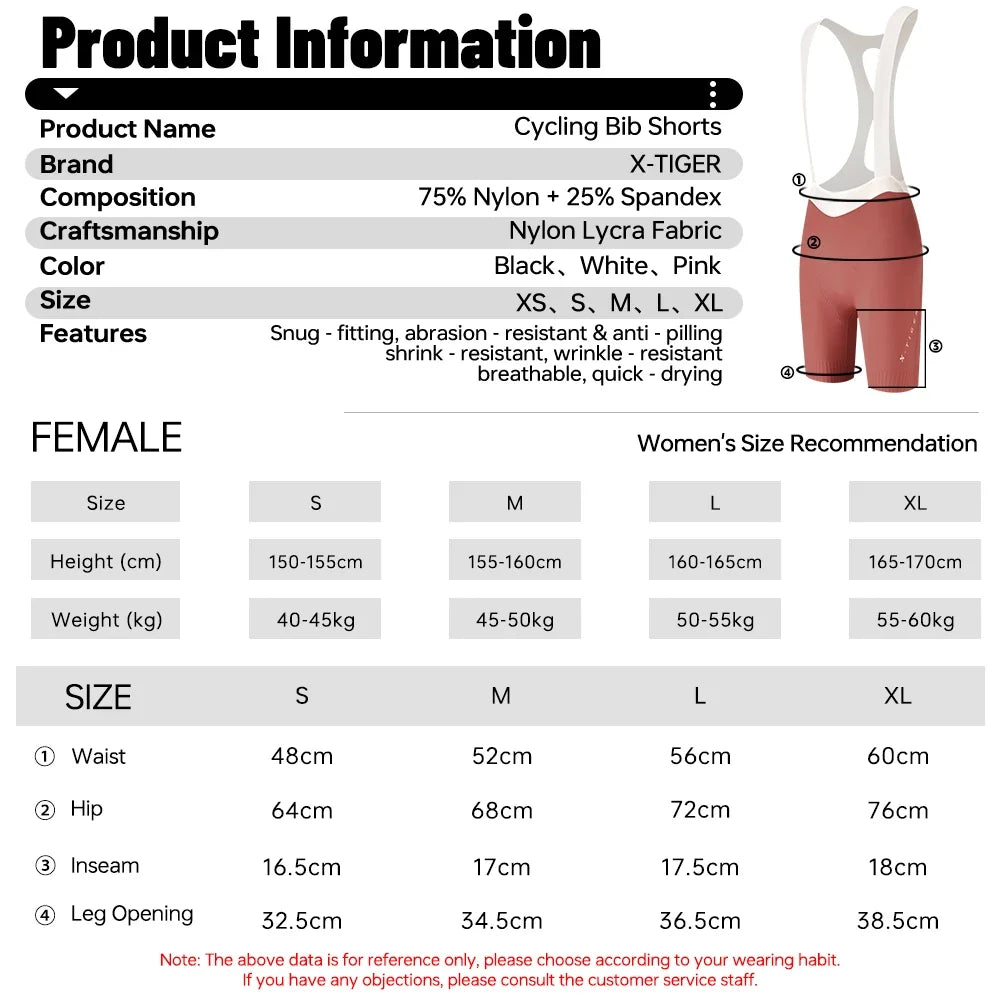 X-TIGER Women's Cycling Bib Shorts – 120 Chamois, MTB & Road
