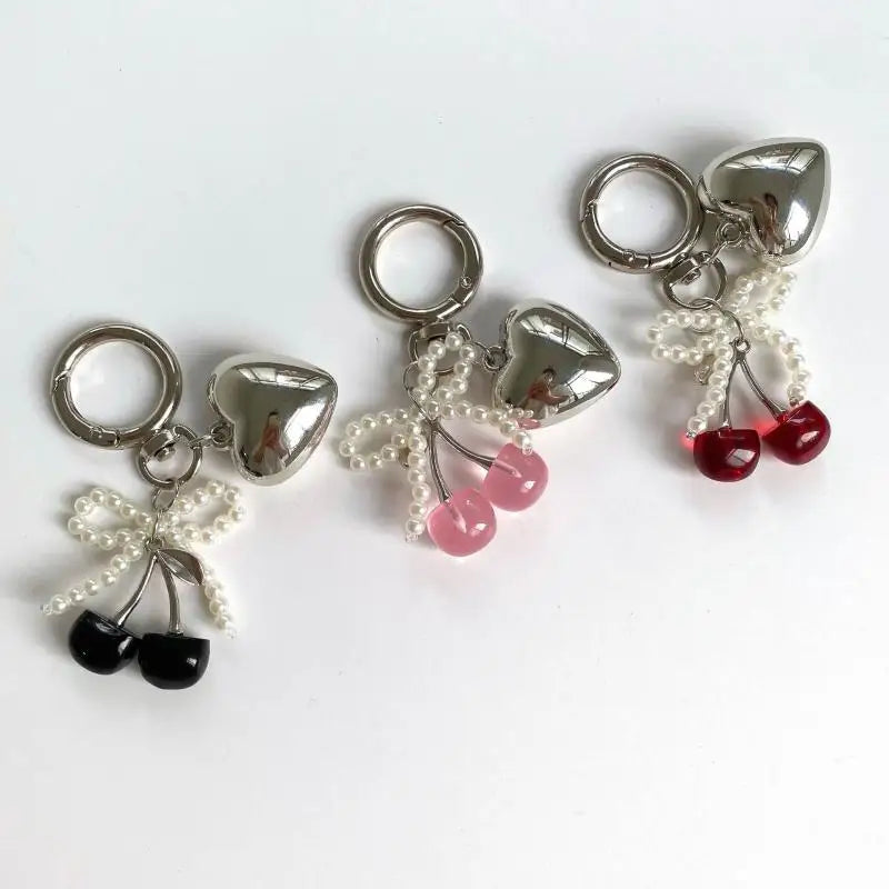 3D Crystal Cherry Keychain – Pearl Bow Heart Pendant Keyring