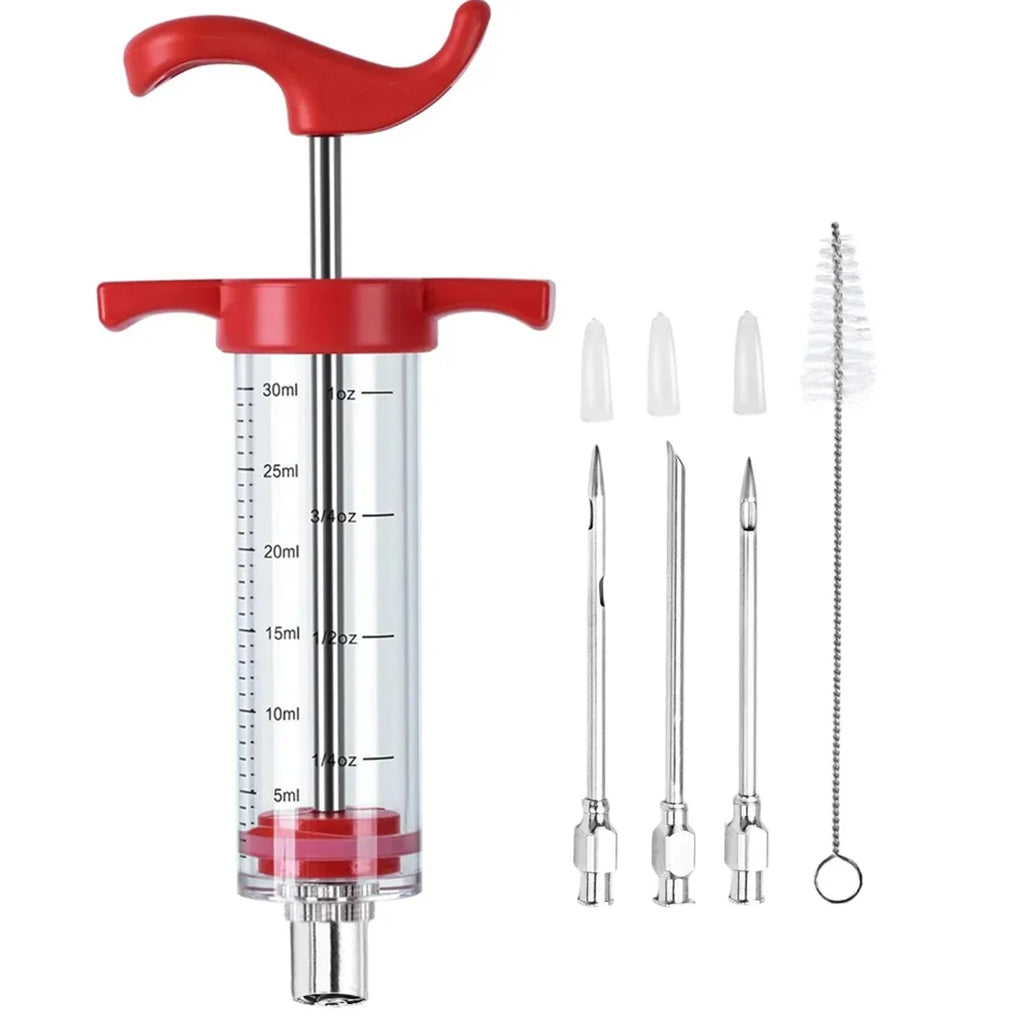 Turkey Injector Syringe 3 Marinade Needles Meat Cleaning Brush Easy
