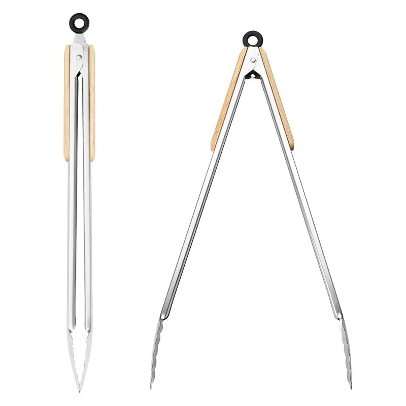 Stainless Steel BBQ Tongs with Heat-Resistant Wooden Handles
