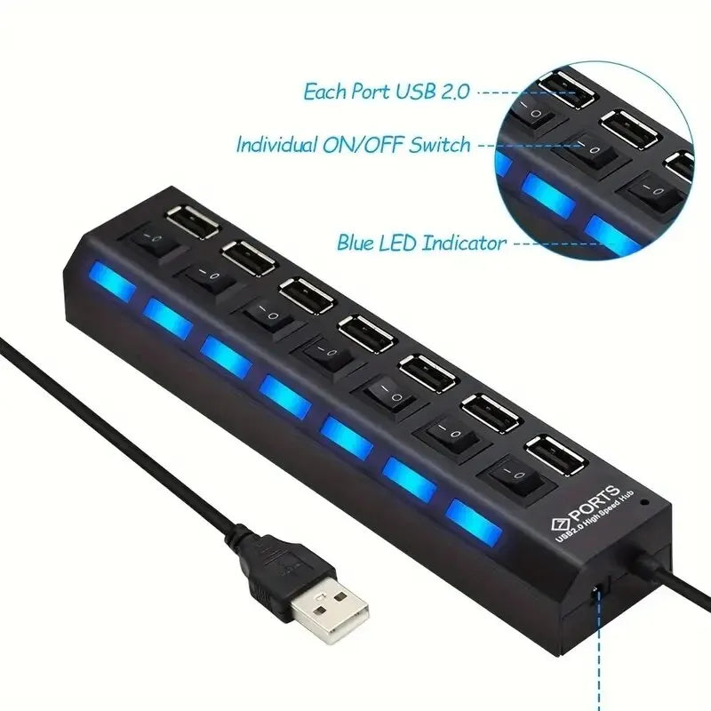 7-Port USB 2.0 Hub with Individual Switches & Power Adapter
