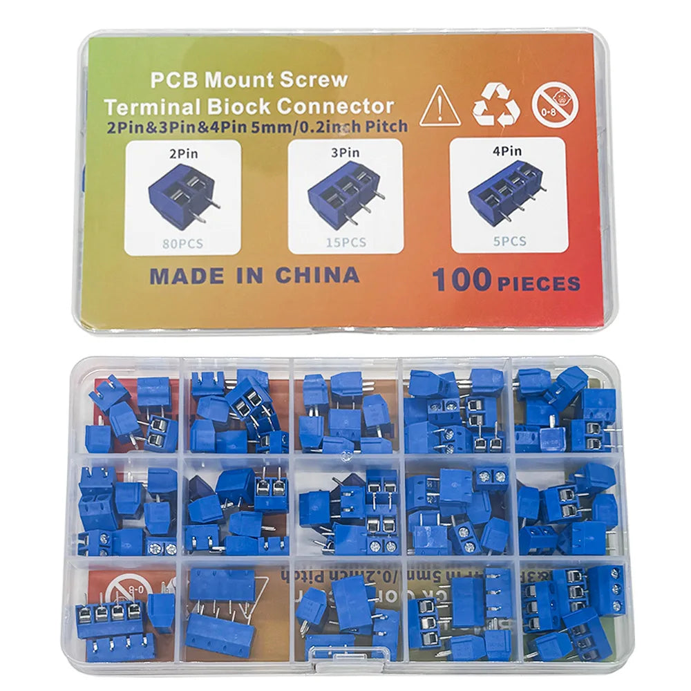 100PCS KF301 PCB Screw Terminal Block Kit 2P 3P 4P 5.08mm
