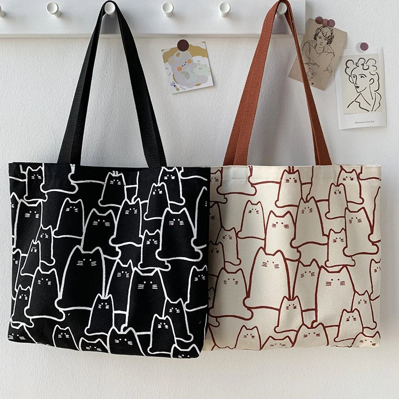 Cute Cat Canvas Tote Bag – Japanese Style Zipper Shoulder Bag