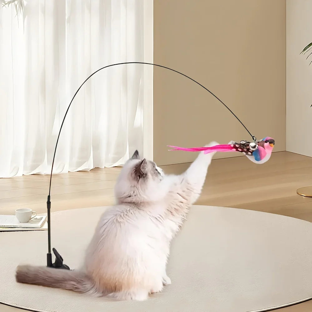 Cat Feather Wand Toy – Steel Wire Long Pole Kitten Teaser